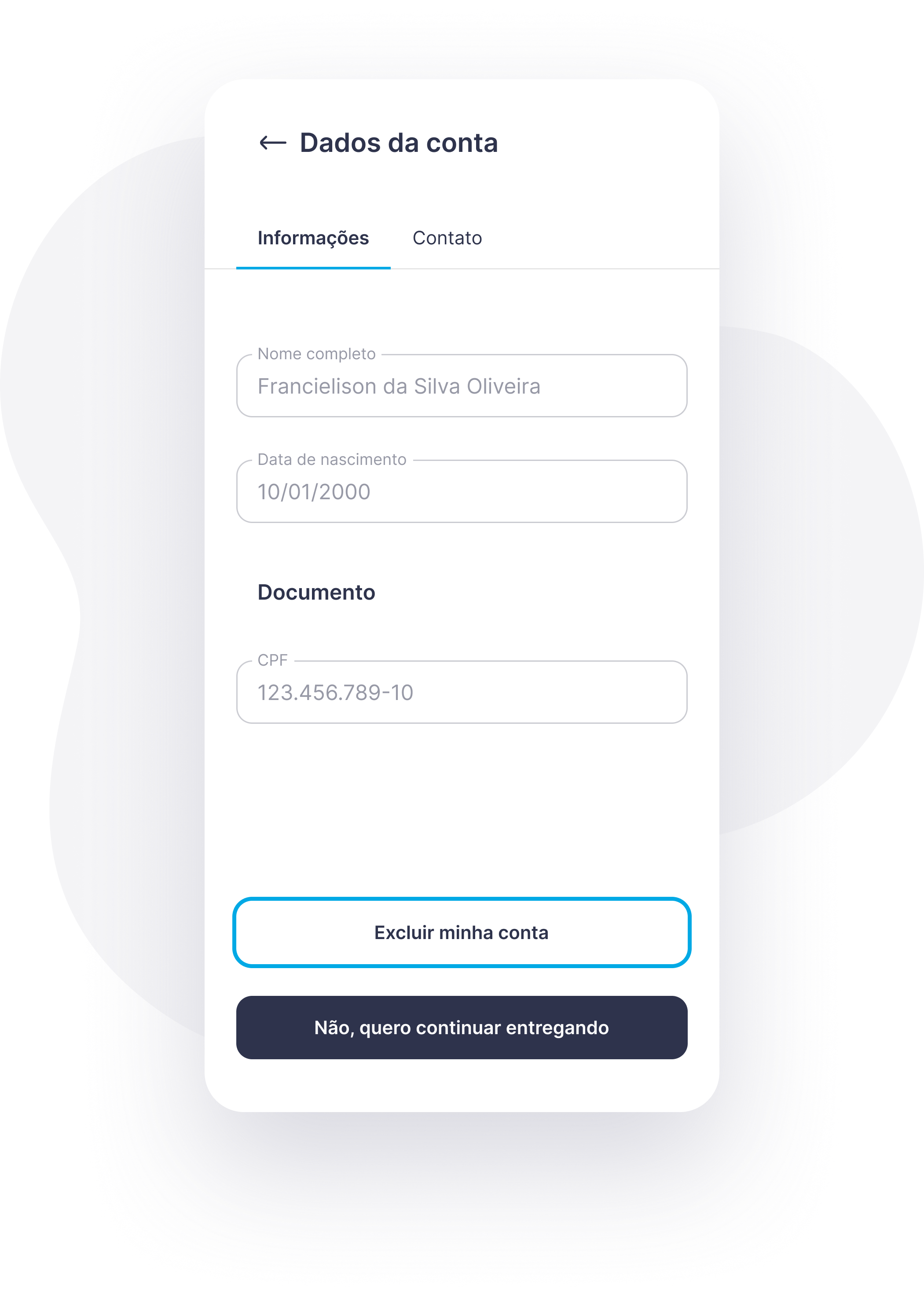 Tela de dados da conta no aplicativo Chegou Mercado
